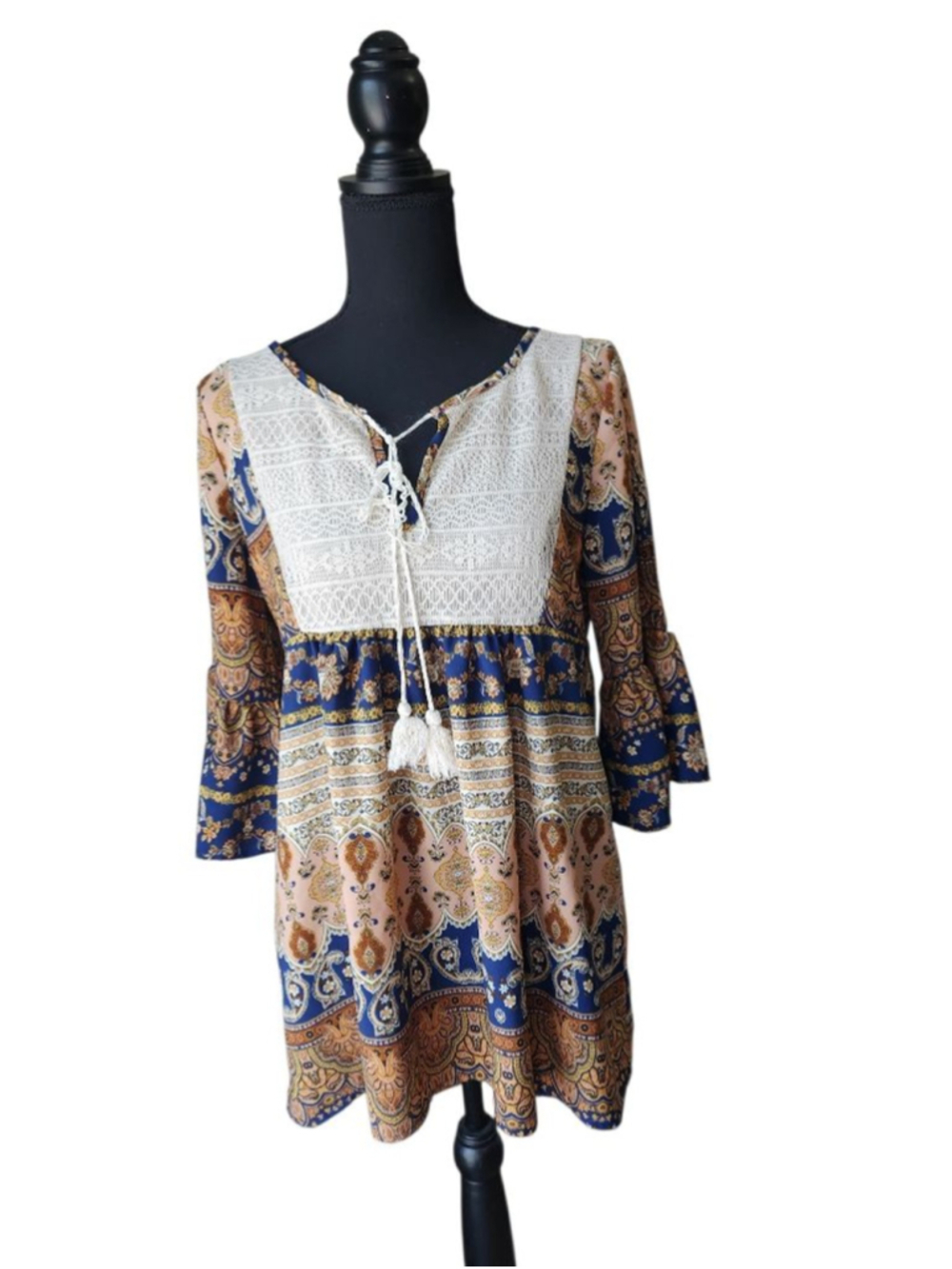 PAPER CRANE Blue & Beige Paisley Tunic Top S